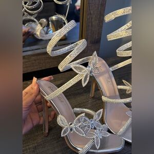 Bebe Silver Rhinestone Butterfly Heels
